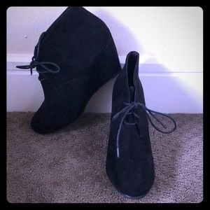 Black suede lace up wedge booties NWOT